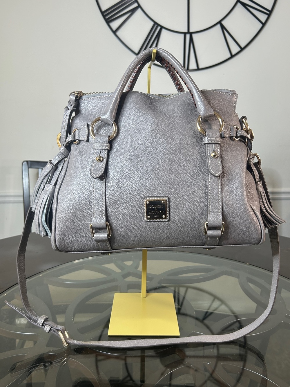 Dooney & Bourke Metallic Gray Leather Satchel with Gold Hardware